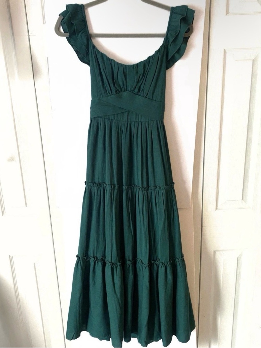 Emerald Green Tiered Maxi Midi Dress Womens Small Bow Flutter Wedding Guest Teal